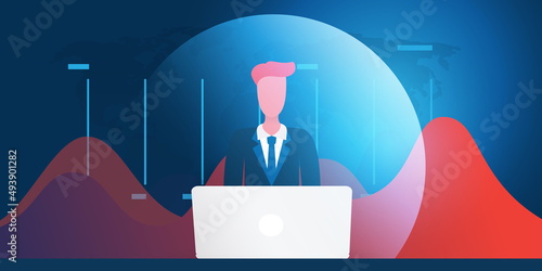 Business Man Behind a Laptop Computer Sitting in an Information Bubble - Vector Concept Design of Intellectual Isolation, Business Decisions Based on Incomplete Financial Data Sources, Misinformation