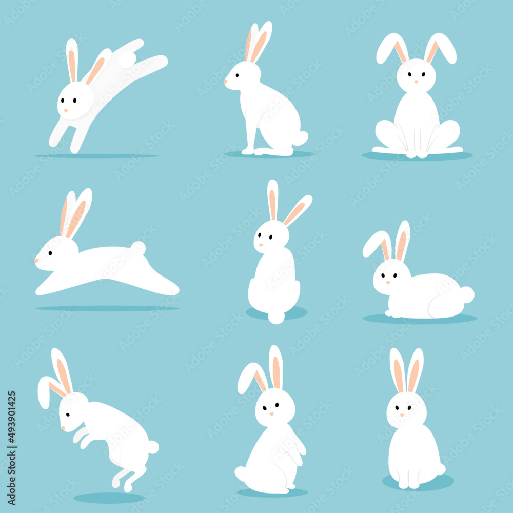 Set of white rabbit. Bunny cartoon collection. Flat design.