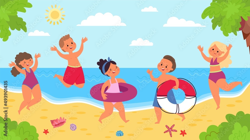 Happy beach kids. Children water games on resort, sunny day at sea or ocean. Fun boys and girls summer vacations, jumping and swimming, decent vector background