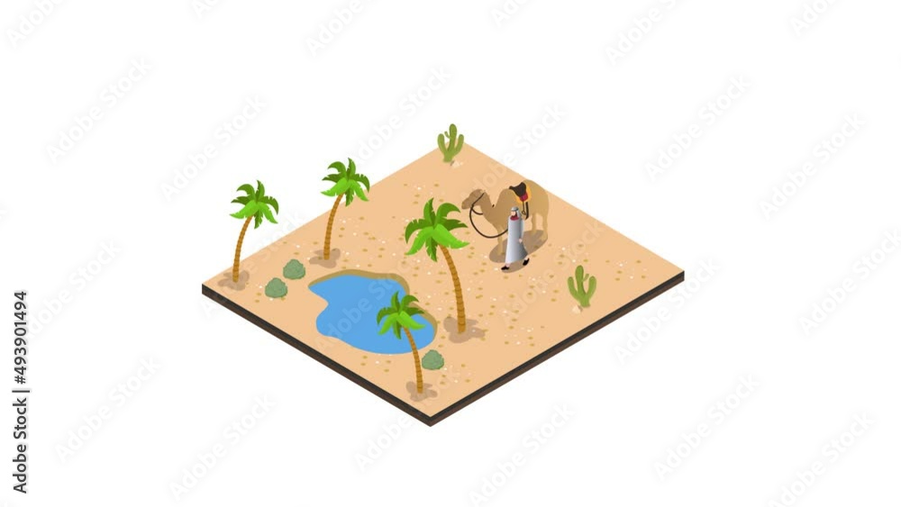 Arab man holding a camel while walking on desert