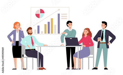 Business meeting in office. Meet boss, corporate team look presentation. Cartoon businessman on conference, group decent discuss vector scene