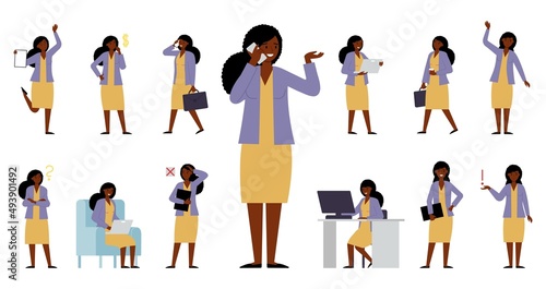 Business woman. Office female character, afro american professional lady. Time management and problem solution, person working process decent vector kit