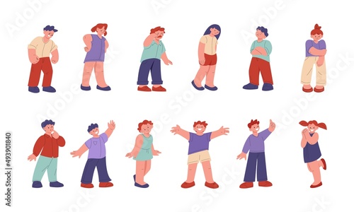 Emotional kids characters. Scared shamed boy, emotions children. Isolated sad and fear kid, happy and angry girl. Funny kicky teens vector set