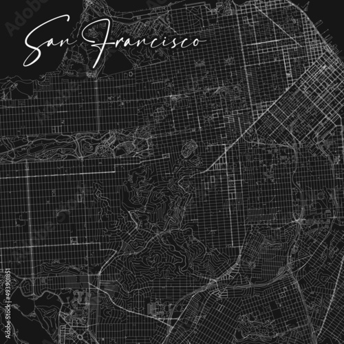 San Francisco, California USA streets vector map. Stock vector illustration isolated on black background.