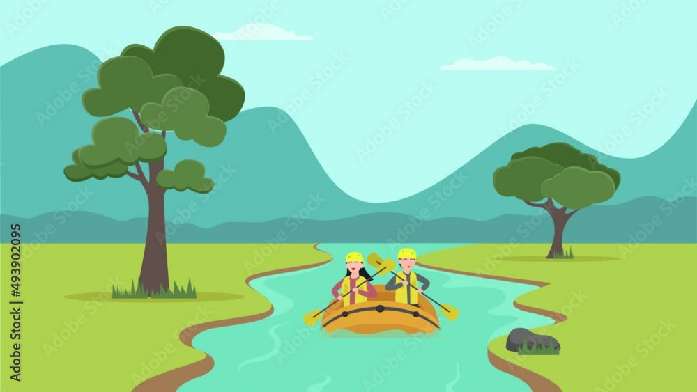 Happy young couple rafting in the river Happy young couple rafting in the river