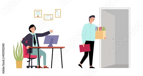 Employee dismissal. Business boss and jobless man, leave work place. Manager in stress, team leader dismiss professional, decent vector scene