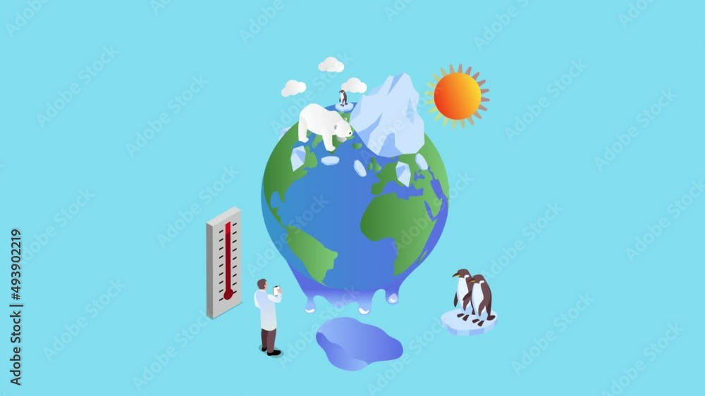 Male researcher look at penguins on melting globe Male researcher look at penguins on melting globe