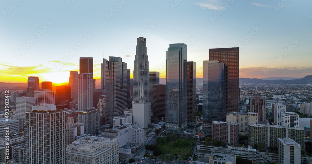 Los Angels downtown skyline, panoramic city skyscrapers, downtown skyline at sunset.