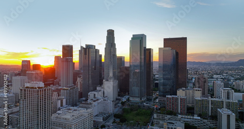 Los Angels downtown skyline  panoramic city skyscrapers  downtown skyline at sunset.