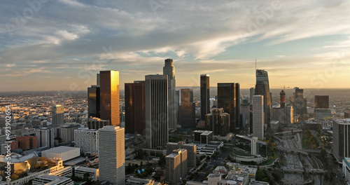 Aerial drone shot flying on downtown Los Angeles. Urban aerial view of downtown Los Angeles. Flying of los angels, LA by drone.