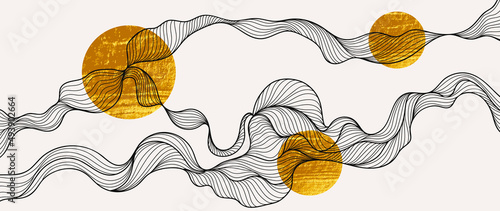 Elegant abstract line art on white background. Luxury hand drawn with black wavy line and gold foil circle shapes. Wave line design for wallpaper, banner, prints, covers, wall art, home decor.