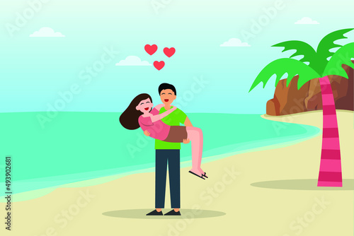 Dating vector concept. Young man holding his girlfriend while enjoying holiday in the tropical beach