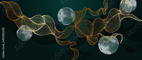 Elegant abstract line art on dark background. Luxury hand drawn with gold wavy line and foil circle shape. Shining wave line design for wallpaper, banner, prints, covers, wall art, home decor.