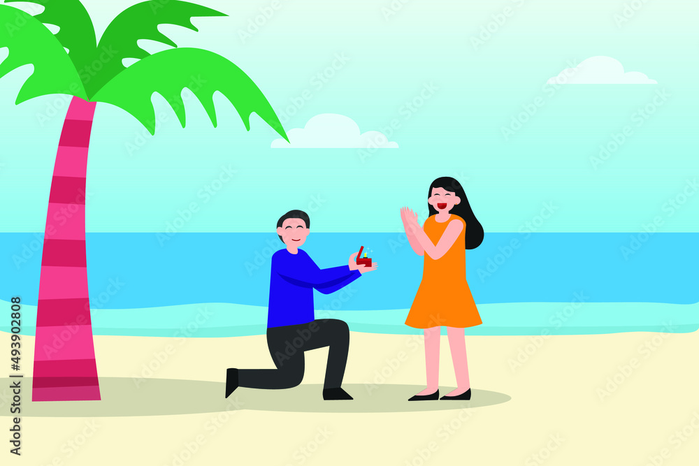 Dating vector concept. Young man kneeling on the beach while proposes his girlfriend with ring
