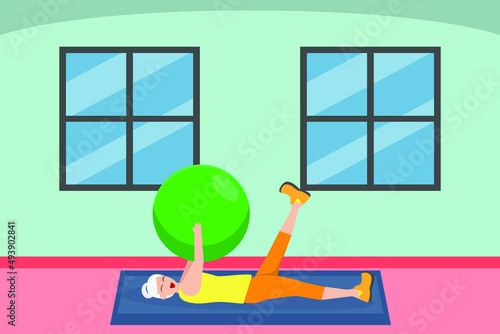 Leisure time vector concept. Old woman wearing sportswear while exercising with yoga ball