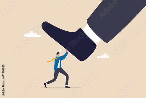 Unfair competition, cheating or using authority and power to abuse competitor, violence, conflict or employee fight concept, small employee trying to push back giant boss or competitor big feet.