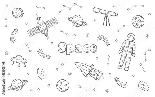 Cosmos doodle is a set of vector illustrations. Icons of space elements rocket cosmonaut stars satellite telescope comet.