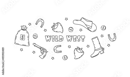 Wild West set of vector illustrations. Cowboy western elements icon. hat, neckerchief, boots, lasso, horseshoe, bag and money, pistol and cigarette.