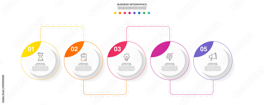 Fototapeta premium Vector line infographics with 5 circles. Business concept graphic process template with five steps. Graphic timeline for app, website, interface, chart, levels, web, diagram, banner, presentations