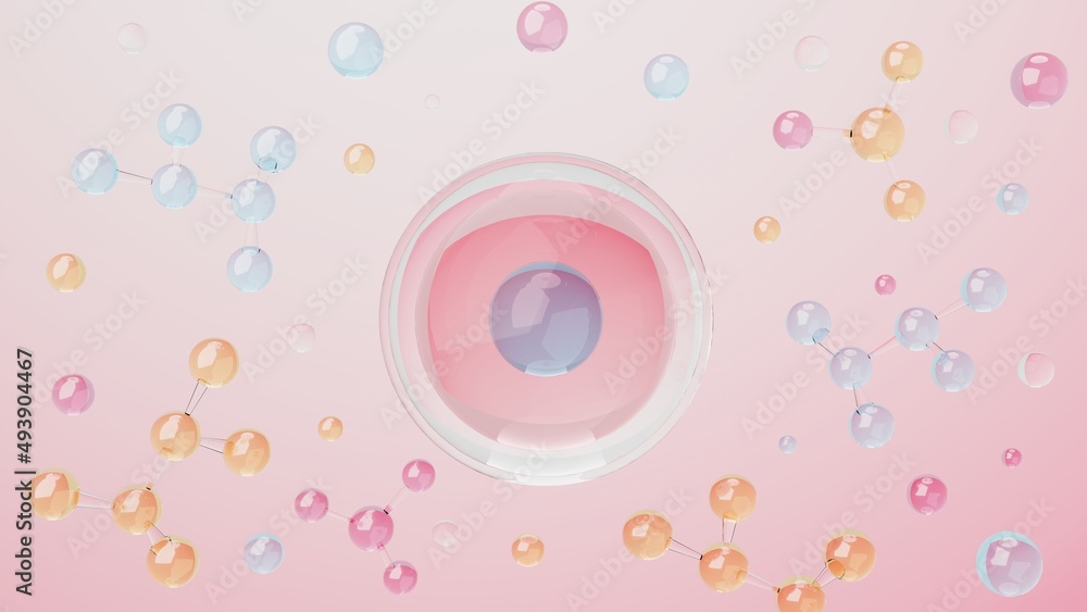 3d render of simple chemical bond in side cell or molecules. The associated of atoms, ions, bond and molecules. Liquid drop bubble background. Covalent bond. Biochemical interaction. 3d render of simple chemical bond in side cell or molecules. The associated of atoms, ions, bond and molecules. Liquid drop bubble background. Covalent bond. Biochemical interaction.