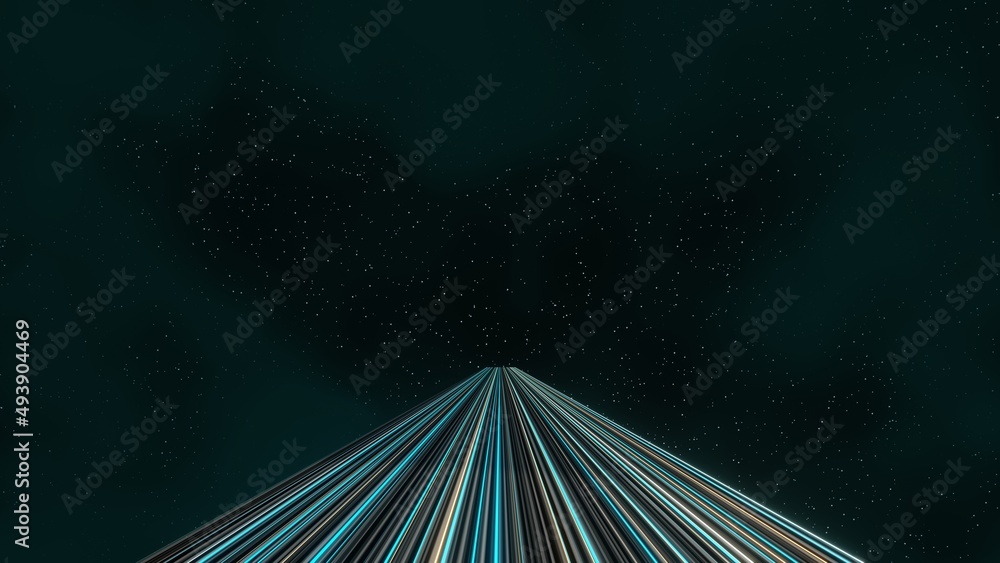 3d render of flash neon and light glowing on dark scene. Speed light tunnel through the city or urban. Technology internet of future network. Sci fiction of hyperspace interstellar travel.
