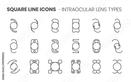 Intraocular lens types related, pixel perfect, editable stroke, up scalable square line vector icon set.