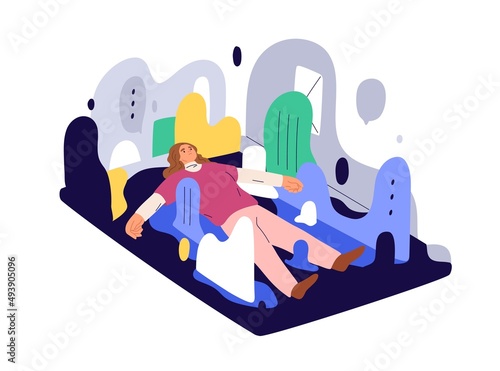 Information overload, infoxication concept. Tired stressed person in info chaos, flood. Pressure of multiple social media and lot of data excess. Flat vector illustration isolated on white background
