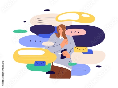 Overwhelmed overloaded person with information excess, chaos in messages and mail. Tired woman with phone, under pressure of digital data flood. Flat vector illustration isolated on white background