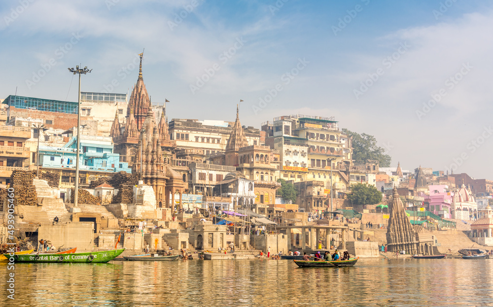 Morning view at holy ghats of Varanasi, India