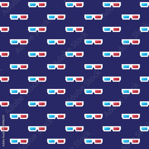 Pattern paper 3d glasses. Vector seamless dark background with anaglyph glasses from 90s. Flat pattern illustration