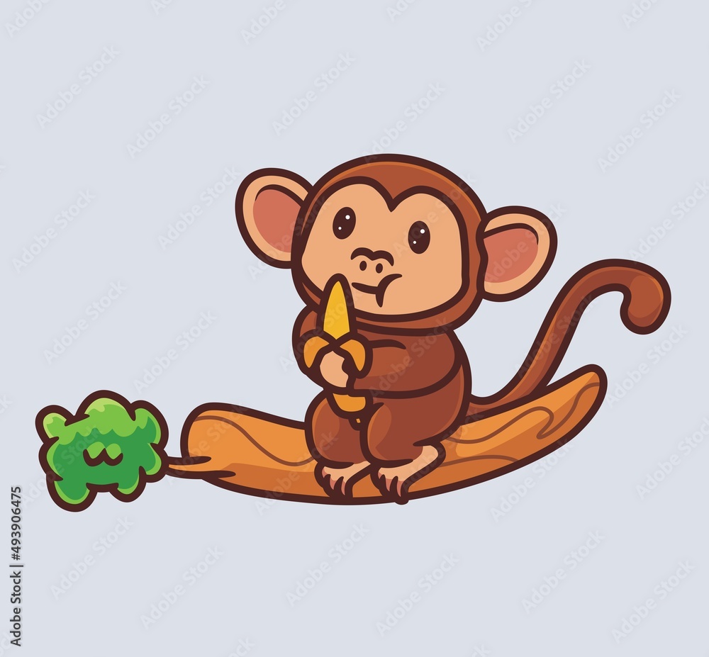 Obraz premium cute monkey eating banana fruit on tree. isolated cartoon animal nature illustration. Flat Style suitable for Sticker Icon Design Premium Logo vector. Mascot Character