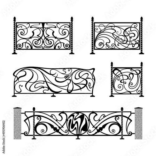 Forged elements vector set. Metal fences, lattice in Art Nouveau style. Decor for iron works.