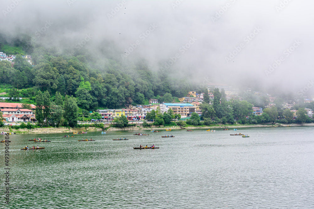 Landscape of Naini Lake in the monsoon weather in Nainital, India.