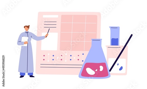 Scientist chemist reporting medical research results, science data. Chemical lab expert with scientific discovery, experiment information. Flat vector illustration isolated on white background