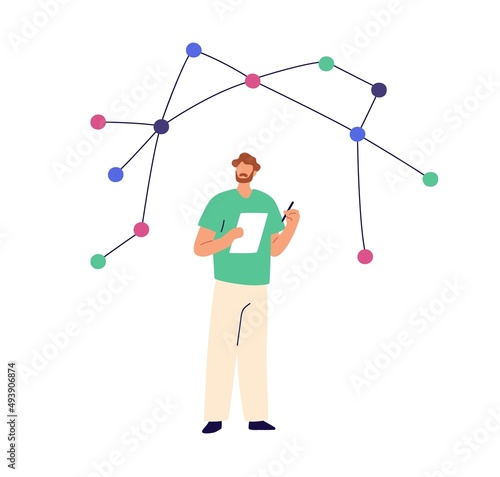 Scientist at chemistry research with chemical formula structure. Chemist, science expertise. Biology, biochemistry and physics study, discovery. Flat vector illustration isolated on white background