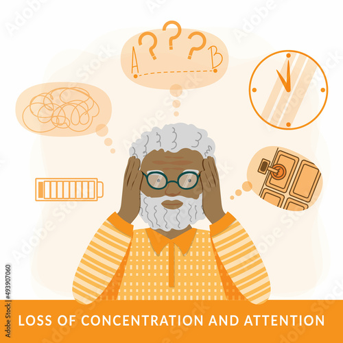 The concept of Alzheimer's disease. Cute elderly man with stress, anxiety, and memory problems. Colored man holding his head. Flat style vector illustration.