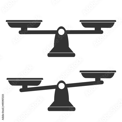 Bowls of scales in balance, an imbalance of scales. Black icons set. Libra, vector 