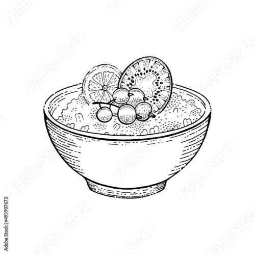 Oat bowl. Oatmeal sketch vector porridge. Breakfast cereal oat illustration. Granola meal with kiwi orange fruit milk yogurt. Healthy food icon. Oatmeal corn muesli vintage drawing. Doodle cup plate