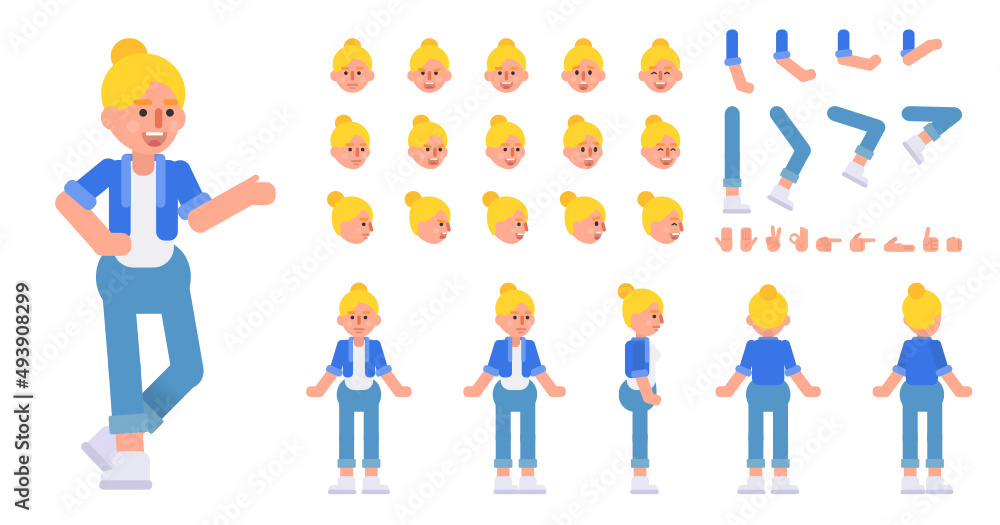 Cheerful woman, young lady creation kit. Create your own action, pose, animation. Modern vector illustration