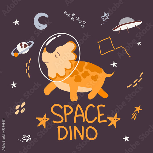 Cute space dinosaur with a planet, stars, and comets around it. Flat style vector. Dinosaur astronaut. Can be used for postcards, children's fashion, textiles, fabrics, posters, t-shirts.