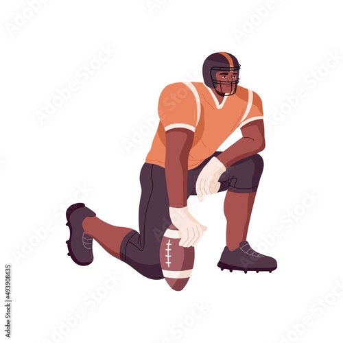 Rugby player getting ready to play American football, field game. African athlete with ball in hand. Black man in helmet and sportswear. Flat vector illustration isolated on white background