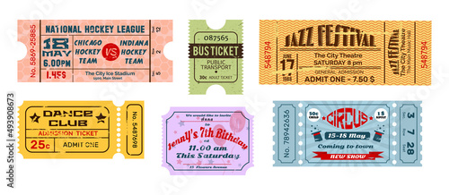 Vintage old tickets and coupons. Old paper cardboard texture tickets at cinema amusement entertainment lottery