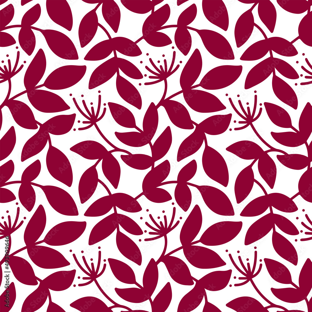Fototapeta premium Seamless abstract pattern with branches and leaves on white background. Hand drawn vector illustration.