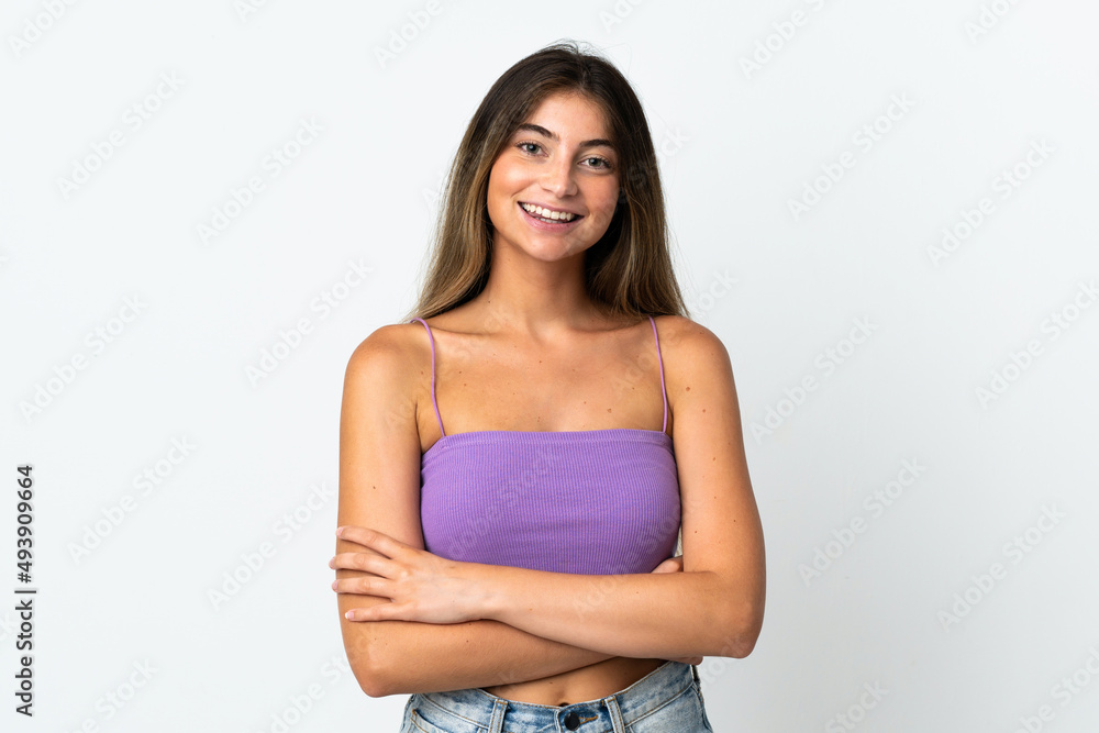 Young caucasian woman isolated on white background keeping the arms crossed in frontal position Young caucasian woman isolated on white background keeping the arms crossed in frontal position