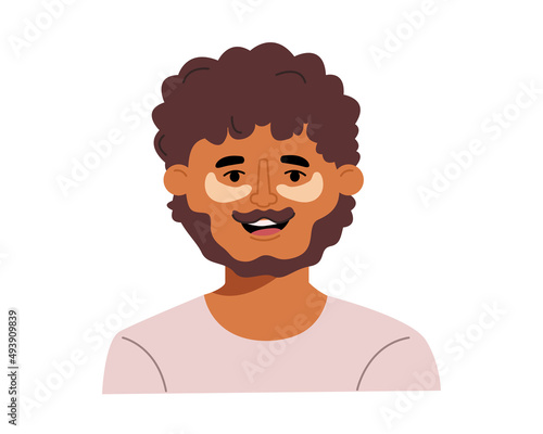 Happy young man applying gel gold eye patches. Skin care around eyes from dark circles, signs of fatigue and dryness. Cartoon flat vector illustartion