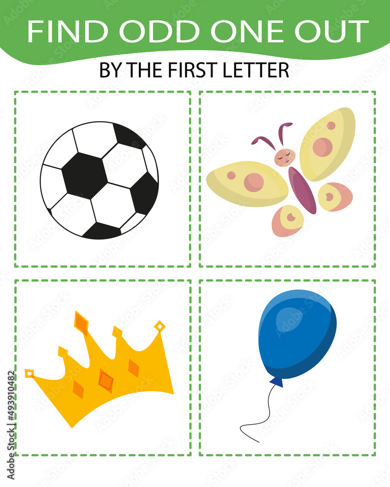 Find odd one out BY THE FIRST LETTER - ALPHABET game for kids to study LETTERS and develop logic. Printable worksheet. Educational game for children.