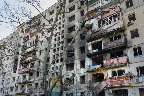 2022 Russian invasion of Ukraine bombed building destroyed Ukraine Russian aggression. Rocket bomb attack Russia against Ukraine war destruction building ruins Kyiv destroyed Mariupol damaged Kharkiv photo