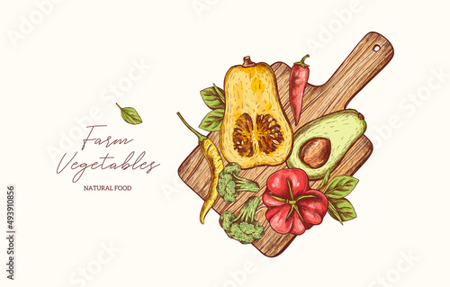 Vector hand drawn vegetables on a wooden board in vintage engraving style. Avocado, pumpkin, chili pepper, tomato, basil, broccoli. Growing food concept. Organic eco fresh vegetables. 