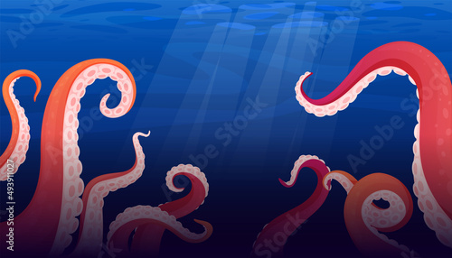 Tentacles squid or kraken deep underwater in blue sea vector flat evil dive fantasy creepy monster
