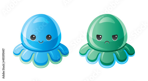 Octopus plush toy. Stuffed mood octopus, child isolated soft toy set. Cute color antistress logo. Two different sides. Happy blue and sad green. Sea trendy logo. Popular Girl Boy anti stress toys.